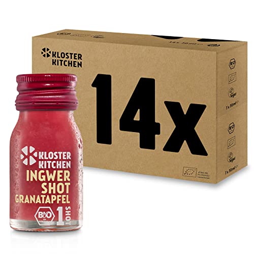 Kloster Kitchen Bio Ingwer Shot Granatapfel 1SHOT 14 x 30 ml mit echten Ingwerstückchen I Ingwershot vegan in der To Go Glasflasche I süß-scharf ohne Zusatzstoffe & mit natürlicher Süße von Kloster Kitchen