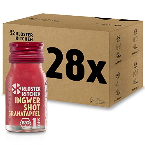 Kloster Kitchen Bio Ingwer Shot Granatapfel 1SHOT 28 x 30 ml mit echten Ingwerstückchen I Ingwershot vegan in der To Go Glasflasche I süß-scharf ohne Zusatzstoffe & mit natürlicher Süße von Kloster Kitchen