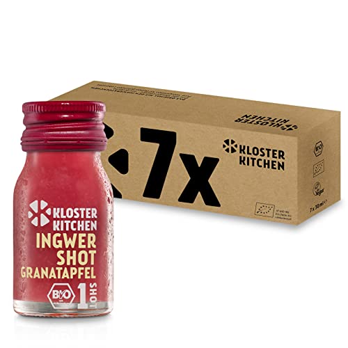 Kloster Kitchen Bio Ingwer Shot Granatapfel 1SHOT 7 x 30 ml mit echten Ingwerstückchen I Ingwershot vegan in der To Go Glasflasche I süß-scharf ohne Zusatzstoffe & mit natürlicher Süße von Kloster Kitchen