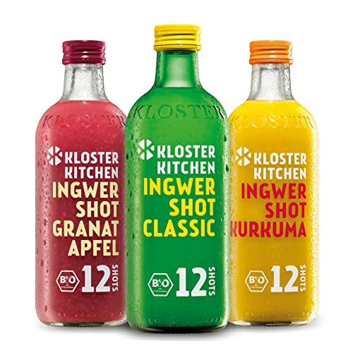 Kloster Kitchen Ostern Bio Ingwer Shot 3er Mix 12SHOTS 3x 360 ml mit Ingwerstückchen I vegan I 12 Shots je Glasflasche I süß-scharf ohne Zusatzstoffe & natürliche Süße (inkl. 0,75€ EINWEG Pfand) von Kloster Kitchen