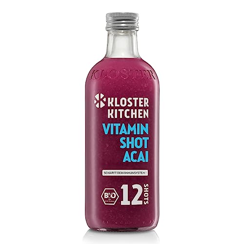 Kloster Kitchen Bio Vitamin Shot Beere Acai 12SHOTS 360 ml mit echten Ingwerstückchen I Ingwer Shot vegan Glasflasche süß-scharf ohne Zusatzstoffe & mit natürlicher Süße (inkl. 0,25€ EINWEG Pfand) von Kloster Kitchen