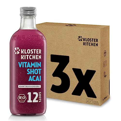 Kloster Kitchen Bio Vitamin Shot Beere Acai 12SHOTS 3x 360 ml mit echten Ingwerstückchen I Ingwer Shot vegan Glasflasche süß-scharf ohne Zusatzstoffe & mit natürlicher Süße (inkl. 0,75€ EINWEG Pfand) von Kloster Kitchen