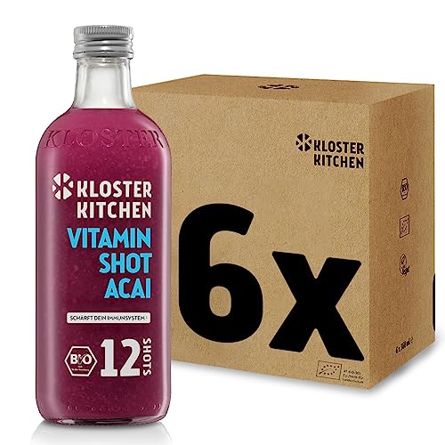 Kloster Kitchen Bio Vitamin Shot Beere Acai 12SHOTS 6x 360 ml mit echten Ingwerstückchen I Ingwer Shot vegan Glasflasche süß-scharf ohne Zusatzstoffe & mit natürlicher Süße (inkl. 1,50€ EINWEG Pfand) von Kloster Kitchen