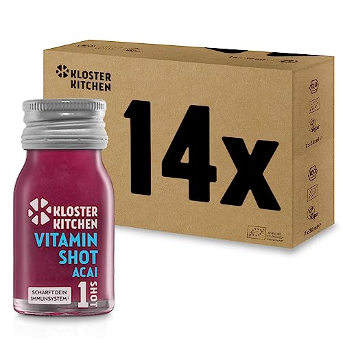 Kloster Kitchen Bio Vitamin Shot Beere Acai 1SHOT 14x 30 ml mit echten Ingwerstückchen I Ingwer Shot vegan in der To Go Glasflasche I süß-scharf ohne Zusatzstoffe & mit natürlicher Süße von Kloster Kitchen