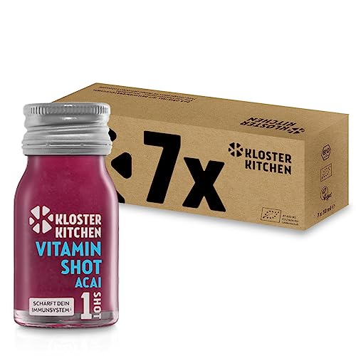 Kloster Kitchen Bio Vitamin Shot Beere Acai 1SHOT 7x 30 ml mit echten Ingwerstückchen I Ingwer Shot vegan in der To Go Glasflasche I süß-scharf ohne Zusatzstoffe & mit natürlicher Süße von Kloster Kitchen