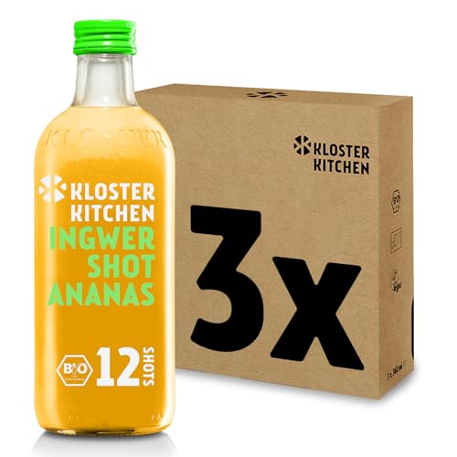 Kloster Kitchen Bio Ingwer Shot Ananas 12SHOTS 3x 360 ml mit echten Ingwerstückchen I Ingwershot vegan I Glasflasche I süß-scharf ohne Zusatzstoffe & mit natürlicher Süße (inkl. 0,75€ EINWEG Pfand) von Kloster Kitchen