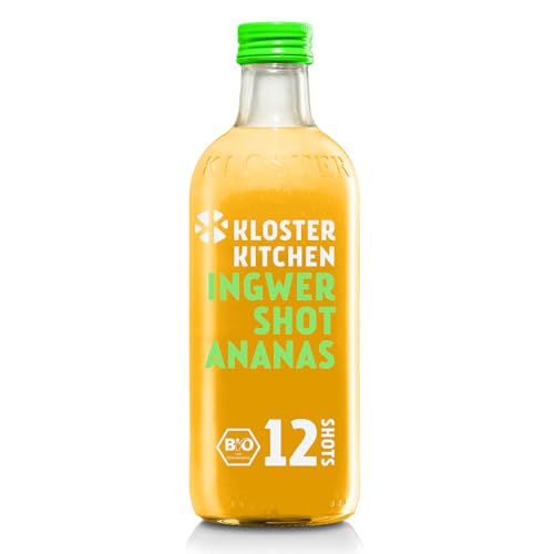 Kloster Kitchen Bio Ingwer Shot Ananas 12SHOTS 360 ml mit echten Ingwerstückchen I Ingwershot vegan I Glasflasche I süß-scharf ohne Zusatzstoffe & mit natürlicher Süße (inkl. 0,25€ EINWEG Pfand) von Kloster Kitchen