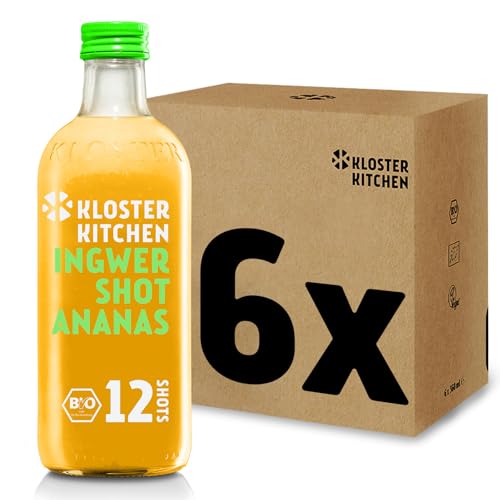 Kloster Kitchen Bio Ingwer Shot Ananas 12SHOTS 6x 360 ml mit echten Ingwerstückchen I Ingwershot vegan I Glasflasche I süß-scharf ohne Zusatzstoffe & mit natürlicher Süße (inkl. 1,50€ EINWEG Pfand) von Kloster Kitchen