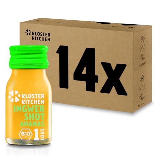 Kloster Kitchen Bio Ingwer Shot Ananas 1SHOT 14 x 30 ml mit echten Ingwerstückchen I Ingwershot vegan in der To Go Glasflasche I süß-scharf ohne Zusatzstoffe & mit natürlicher Süße von Kloster Kitchen