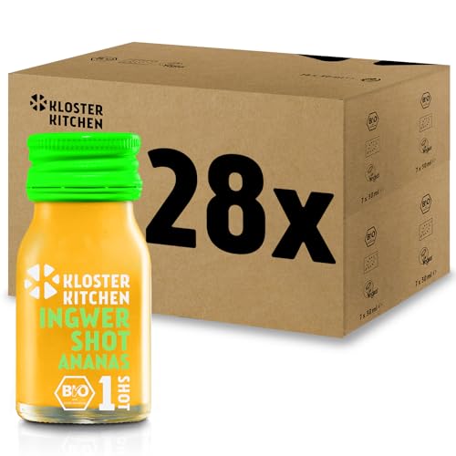 Kloster Kitchen Bio Ingwer Shot Ananas 1SHOT 28 x 30 ml mit echten Ingwerstückchen I Ingwershot vegan in der To Go Glasflasche I süß-scharf ohne Zusatzstoffe & mit natürlicher Süße von Kloster Kitchen