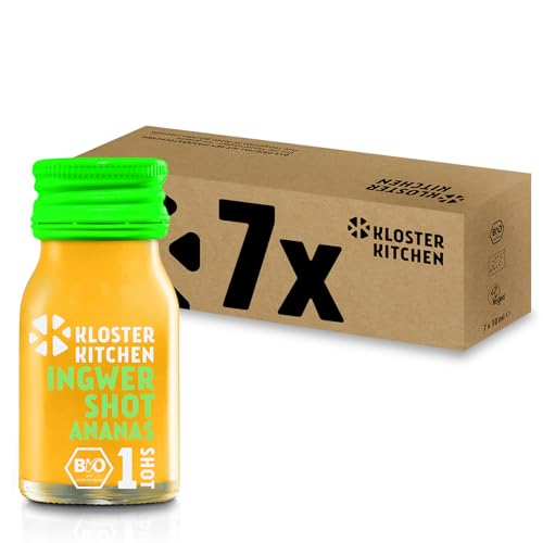 Kloster Kitchen Bio Ingwer Shot Ananas 1SHOT 7 x 30 ml mit echten Ingwerstückchen I Ingwershot vegan in der To Go Glasflasche I süß-scharf ohne Zusatzstoffe & mit natürlicher Süße von Kloster Kitchen