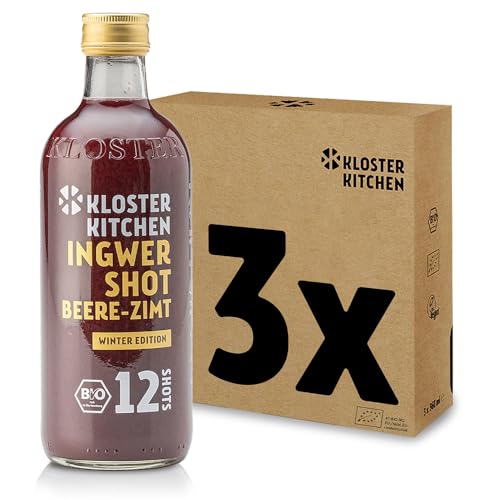 Kloster Kitchen Bio Ingwer Shot Beere Zimt 12SHOTS 3x 360 ml mit Ingwerstückchen I Ingwershot vegan Glasflasche süß-scharf ohne Zusatzstoffe & mit natürlicher Süße (inkl. 0,75€ EINWEG Pfand) von Kloster Kitchen