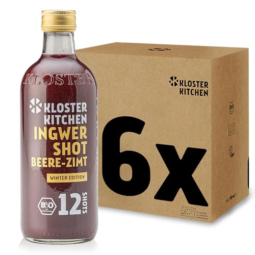 Kloster Kitchen Bio Ingwer Shot Beere Zimt 12SHOTS 6x 360 ml mit Ingwerstückchen I Ingwershot vegan Glasflasche süß-scharf ohne Zusatzstoffe & mit natürlicher Süße (inkl. 1,50€ EINWEG Pfand) von Kloster Kitchen