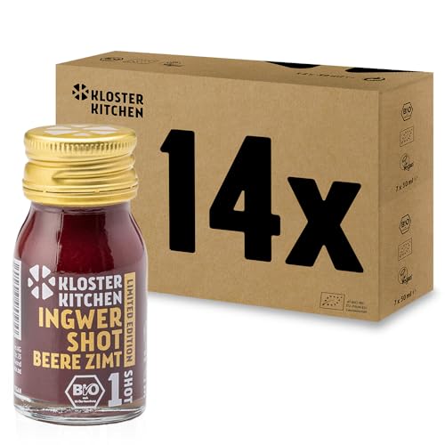 Kloster Kitchen Bio Ingwer Shot Beere Zimt 1SHOT 14x 30 ml mit Ingwerstückchen I Limited Edition Ingwershot vegan Glasflasche süß-scharf ohne Zusatzstoffe & mit natürlicher Süße von Kloster Kitchen