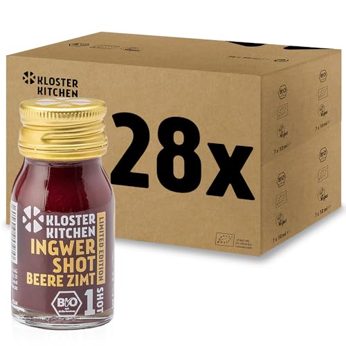 Kloster Kitchen Bio Ingwer Shot Beere Zimt 1SHOT 28x 30 ml mit Ingwerstückchen I Limited Edition Ingwershot vegan Glasflasche süß-scharf ohne Zusatzstoffe & mit natürlicher Süße von Kloster Kitchen