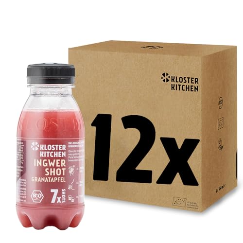 Kloster Kitchen Bio Ingwer Shot Classic 7SHOTS 12 x 210 ml mit echten Ingwerstückchen I Ingwershot vegan I 7 Shots I süß-scharf ohne Zusatzstoffe (inkl. 3,00€ EINWEG Pfand) (12x 210ml, Granatapfel) von Kloster Kitchen