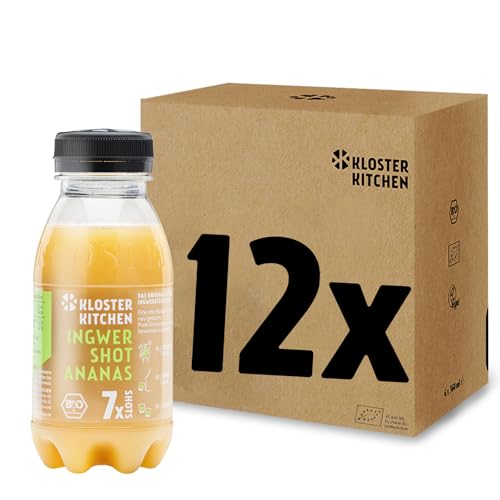 Kloster Kitchen Bio Ingwer Shot Classic 7SHOTS 12 x 210 ml mit echten Ingwerstückchen I Ingwershot vegan I 7 Shots I süß-scharf ohne Zusatzstoffe (inkl. 3,00€ EINWEG Pfand) (12x 210ml, Ananas) von Kloster Kitchen