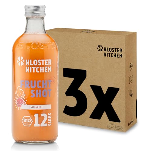 Kloster Kitchen Bio Ingwer Shot Frucht für Kinder 12SHOTS 3x 360 ml mit echten Ingwerstückchen I Ingwershot vegan I Glasflasche I ohne Zusatzstoffe & mit natürlicher Süße (inkl. 0,75€ EINWEG Pfand) von Kloster Kitchen