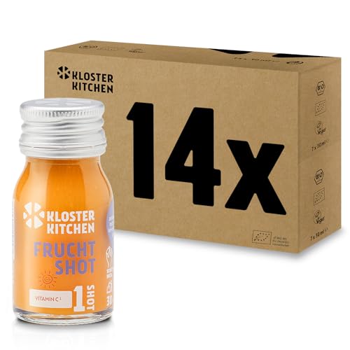 Kloster Kitchen Bio Ingwer Shot Frucht für Kinder 1SHOT 14 x 30 ml mit echten Ingwerstückchen I Ingwershot vegan in der To Go Glasflasche I fruchtig-mild ohne Zusatzstoffe & mit natürlicher Süße von Kloster Kitchen