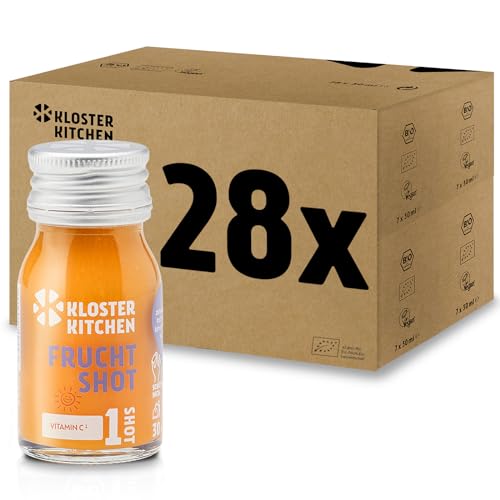 Kloster Kitchen Bio Ingwer Shot Frucht 1SHOT 28 x 30 ml mit echten Ingwerstückchen I Ingwershot vegan in der To Go Glasflasche I fruchtig-mild ohne Zusatzstoffe & mit natürlicher Süße von Kloster Kitchen