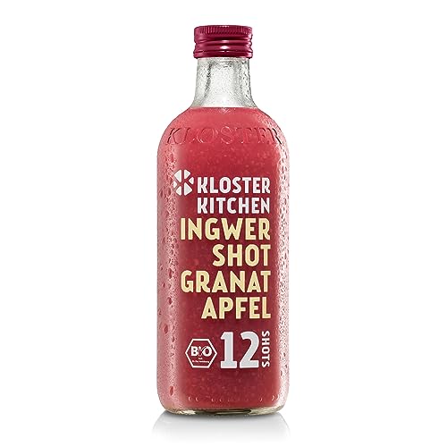 Kloster Kitchen Bio Ingwer Shot Granatapfel 12SHOTS 360 ml mit Ingwerstückchen I Ingwershot vegan I Glasflasche I süß-scharf ohne Zusatzstoffe & mit natürlicher Süße (inkl. 0,25€ EINWEG Pfand) von Kloster Kitchen