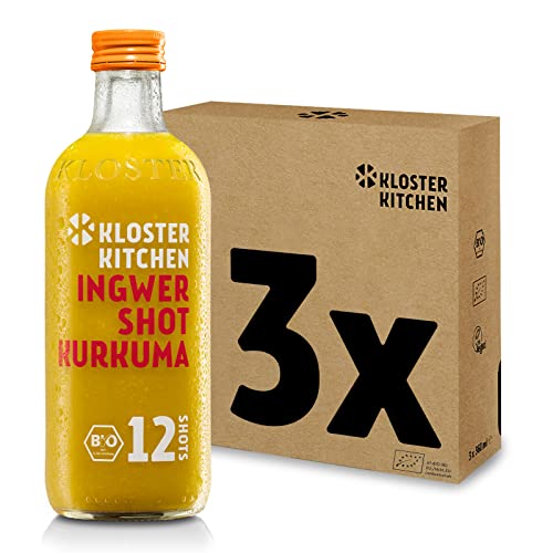 Kloster Kitchen Bio Ingwer Shot Kurkuma 12SHOTS 3x 360 ml mit echten Ingwerstückchen, Ingwer Shots mit Kurkuma in Glasflasche, vegan ohne Zusatzstoffe & mit natürlicher Süße (inkl. 0,75€ EINWEG Pfand) von Kloster Kitchen