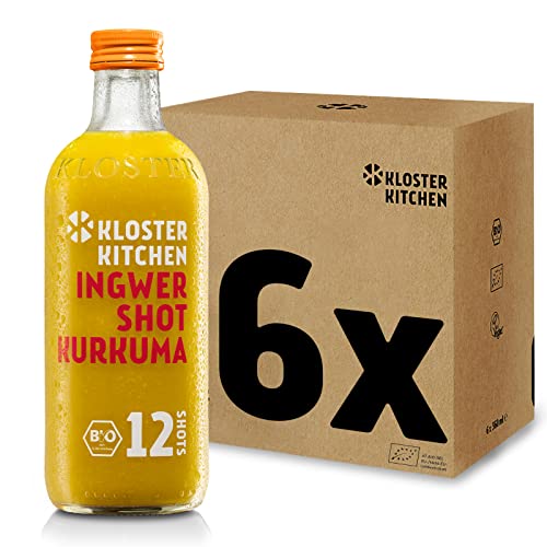 Kloster Kitchen Bio Ingwer Shot Kurkuma 12SHOTS 6x 360 ml mit echten Ingwerstückchen, Ingwer Shots mit Kurkuma in Glasflasche, vegan ohne Zusatzstoffe & mit natürlicher Süße (inkl. 1,50€ EINWEG Pfand) von Kloster Kitchen