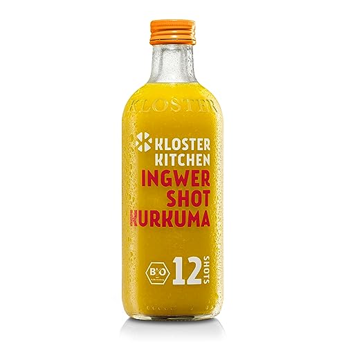 Kloster Kitchen Bio Ingwer Shot Kurkuma 12SHOTS 360 ml mit echten Ingwerstückchen, Ingwer Shots mit Kurkuma in Glasflasche, vegan ohne Zusatzstoffe & mit natürlicher Süße (inkl. 0,25€ EINWEG Pfand) von Kloster Kitchen