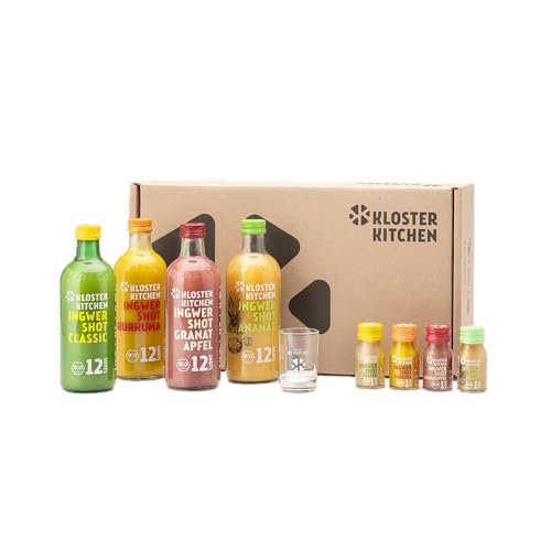 Kloster Kitchen Bio Ingwer Shot Probierset M I 4 Sorten 4x 360 ml + 4x 30 ml mit echten Ingwerstückchen I Geschenkset Ingwershot vegan I süß-scharf & mit natürlicher Süße (inkl. 1,00€ EINWEG Pfand) von Kloster Kitchen