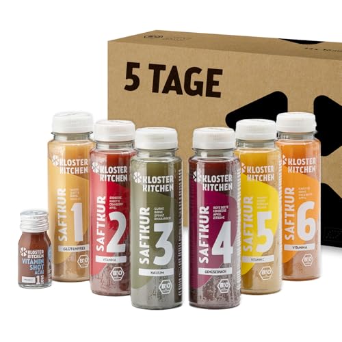 Kloster Kitchen Bio Saftkur 5 Tage I 30x 250ml Säfte + 5x 30ml Ingwer Shot I Fastenkur Vegan 6 Geschmacksrichtungen I 592 kcal pro Tag | Reich an Vitaminen | Kur Guide mit Tipps (7,50€ EINWEG Pfand) Kloster Kitchen Bio Saftkur 5 Tage I 30x 250ml Säfte + 5x 30ml Ingwer Shot I Fastenkur Vegan 6 Geschmacksrichtungen I 592 kcal pro Tag | Reich an Vitaminen | Kur Guide mit Tipps (7,50€ EINWEG Pfand) von Kloster Kitchen