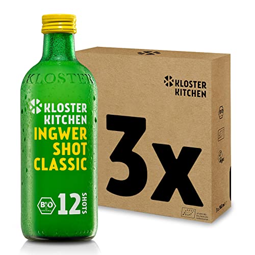 Kloster Kitchen Bio Ingwer Shot Classic 12SHOTS 3 x 360 ml mit echten Ingwerstückchen I Ingwershot vegan I 12 Shots je Glasflasche I süß-scharf ohne Zusatzstoffe (inkl. 0,75€ EINWEG Pfand) von Kloster Kitchen