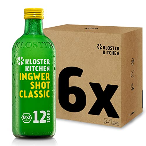 Kloster Kitchen Bio Ingwer Shot Classic 12SHOTS 6 x 360 ml mit echten Ingwerstückchen I Ingwershot vegan I 12 Shots je Glasflasche I süß-scharf ohne Zusatzstoffe (inkl. 1,50€ EINWEG Pfand) von Kloster Kitchen