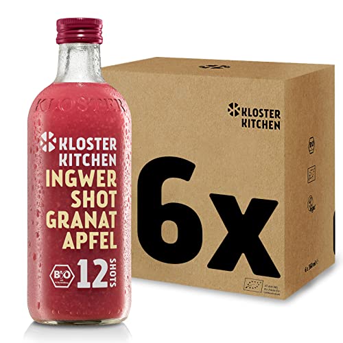 Kloster Kitchen Bio Ingwer Shot Granatapfel 12SHOTS 6x 360 ml mit Ingwerstückchen I Ingwershot vegan I Glasflasche I süß-scharf ohne Zusatzstoffe & mit natürlicher Süße (inkl. 1,50€ EINWEG Pfand) von Kloster Kitchen