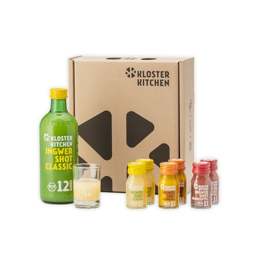 Kloster Kitchen Bio Ingwer Shot Probierset S I 1x 360 ml + 6x 30 ml mit echten Ingwerstückchen I Geschenkset Ingwershot vegan I süß-scharf & mit natürlicher Süße (inkl. 0,25€ EINWEG Pfand) von Kloster Kitchen