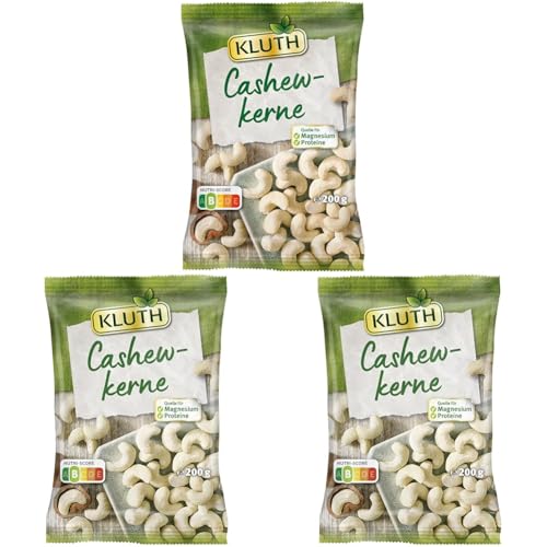 Kluth Cashewkerne 200g – Mild im Aroma und naturbelassen – Natürlich reich an Protein und Magnesium – Ohne Salz, ungeröstet und vegan – Nutri-Score B (1 x 200g) (Packung mit 3) von Kluth