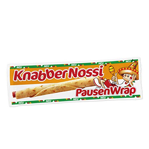 Knabber Nossi 176806 Geräuchertes Snack-Brühwurst, mit einem halben Fladenbrot umwickelt. von Knabber Nossi