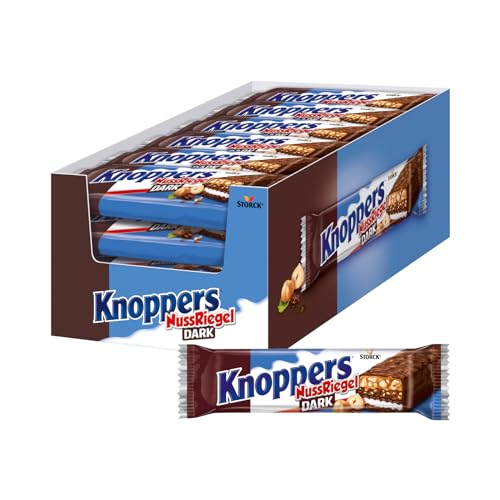 Knoppers NussRiegel Dark – 24 x 40g – Waffelriegel mit Milch- und Nugatcreme mit Gebäckstückchen, gehackten Haselnüssen und zartem Karamell, umhüllt von dunkler Milchschokolade von Knoppers