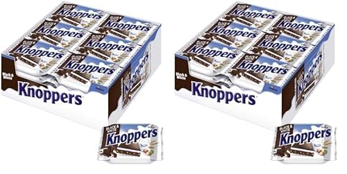 Knoppers Black and White – 2 x 24 x 25g (48 x 25g) – Gefüllte Waffelschnitte mit dunklen Kakaowaffeln, dunklen Gebäckstückchen und Nougatcremefüllung von Knoppers