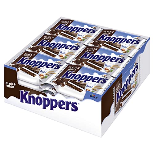 Knoppers Black and White – 24 x 25g – Gefüllte Waffelschnitte mit dunklen Kakaowaffeln, dunklen Gebäckstückchen und Nougatcremefüllung von Knoppers