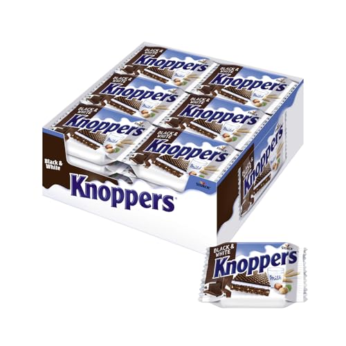 Knoppers Black and White – 24 x 25g – Gefüllte Waffelschnitte mit dunklen Kakaowaffeln, dunklen Gebäckstückchen und Nougatcremefüllung von Knoppers