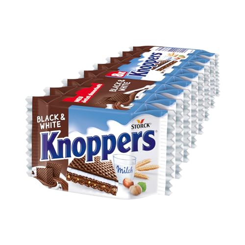 Knoppers Black and White – 8 x 25g – Gefüllte Waffelschnitte mit dunklen Kakaowaffeln, dunklen Gebäckstückchen und Nougatcremefüllung von Knoppers