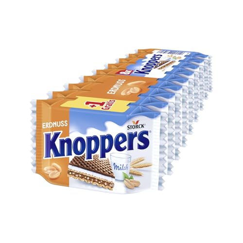 Knoppers Erdnuss - 1 x 225g - Gefüllte Waffelschnitte mit Erdnusscreme, feinsalzigen Erdnussstückchen und leckerer Milchcreme von Knoppers