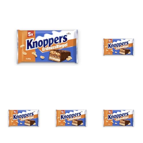 Knoppers ErdnussRiegel – 5 x 200g (5 x 5 Riegel) – Waffelriegel mit Milchcreme, Erdnusscreme, gesalzenen, gehackten Erdnüssen und zartem Karamell, umhüllt von Vollmilchschokolade von Knoppers