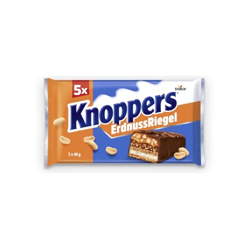 Knoppers ErdnussRiegel – 1 x 200g (5 Riegel) – Waffelriegel mit Milchcreme, Erdnusscreme, gesalzenen, gehackten Erdnüssen und zartem Karamell, umhüllt von Vollmilchschokolade von Knoppers