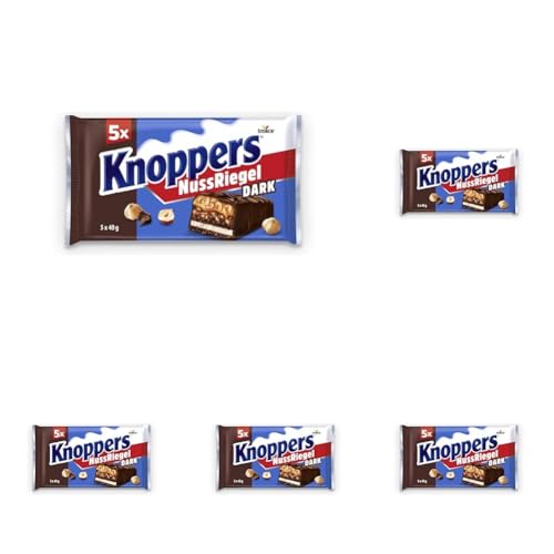 Knoppers NussRiegel Dark – 5 x 200g (5 x 5 Riegel) – Waffelriegel mit Milch- und Nugatcreme mit Gebäckstückchen, gehackten Haselnüssen und zartem Karamell, umhüllt von dunkler Milchschokolade von Knoppers