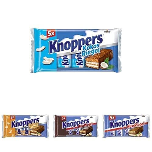 Knoppers Riegel – 4 Packungen á 200g (5 Riegel) – 1. Knoppers KokosRiegel, 2. Knoppers Erdnussriegel, 3. Knoppers NussRiegel Dark, 4. KnoppersNussRiegel von Knoppers