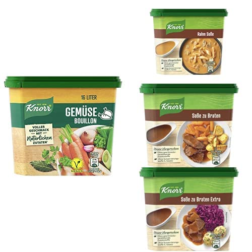 Knorr Bundle Soße & Brühe: Vegane Gemüse Bouillon 320g, Rahm Soße 1,75l, Soße zu Braten 2,5l, Soße zu Braten Extra 2,5l von Knorr