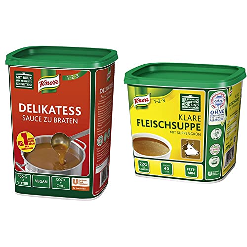 Knorr Delikatess Sauce zu Braten (pur als Bratensoße, Soßenbinder und zum Verfeinern), 1er Pack (1 x 1 kg) & klare Fleischsuppe mit Suppengrün 1er Pack (1 x 0,88 kg) von Knorr