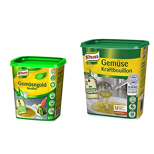 Knorr Gemüsegold Bouillon Gemüsebrühe (rein pflanzlich, ausgeprägter Gemüsegeschmack) 1er Pack (1 x 1 kg) & Gemüse Kraftbouillon (Gemüsebrühe mit Suppengrün, rein pflanzlich, vegan) 1er Pack (1 x 1kg) von Knorr