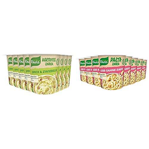 Knorr Kartoffel Snack Speck & Zwiebeln (mit nachhaltig angebauten Kartoffeln), 8er Pack ( 8 x 58g ) & Snack Bar Spaghetti mit Käse Sahne Sauce, 8er Pack (8 x 71 g) von Knorr